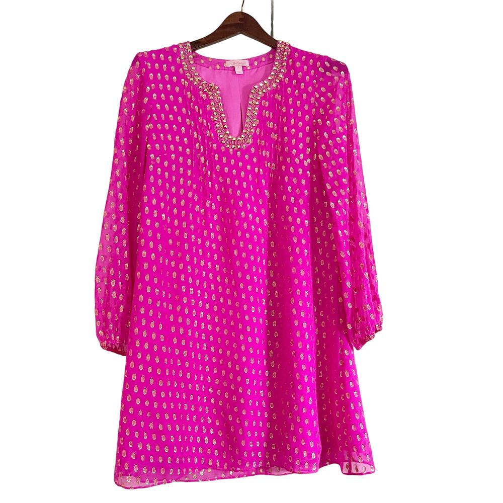 LILLY PULITZER Colby Silk Long Sleeve Tunic Dress Pink Gold 2 - Picture 3 of 10